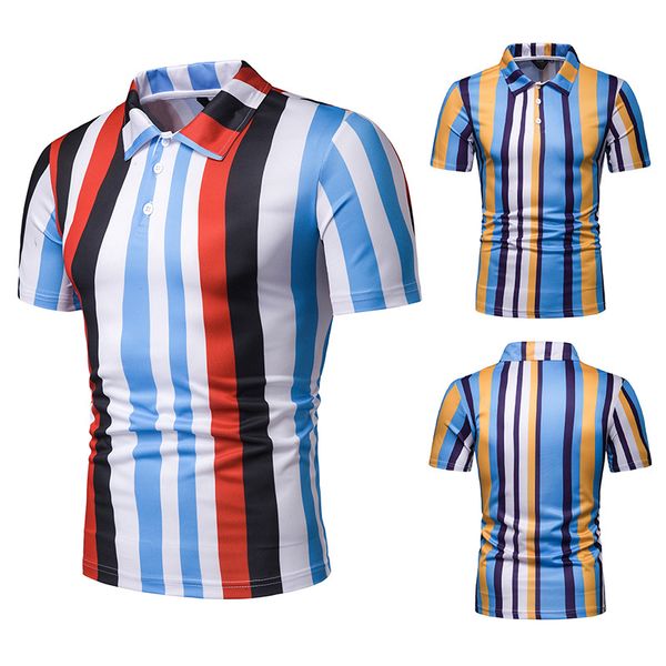 

cross-border exclusively for new summer men's short sleeve shirts men hit color stripes slim lapel leisure t-shirt pl64, White;black