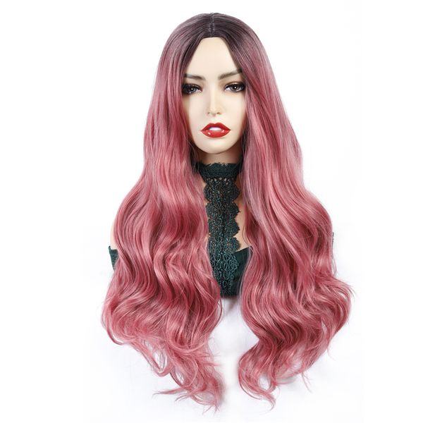 

vicwig long wavy dark brown gradient pink grey linen wig synthetic wigs for women two tone natural middle part wig, Black