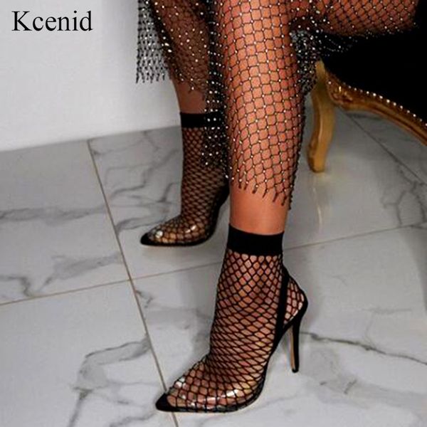 

kcenid 2020 new stretch fabric mesh sock boots transparent pvc pointed toe ankle woman boots shoes thin high heels pumps t200425, Black