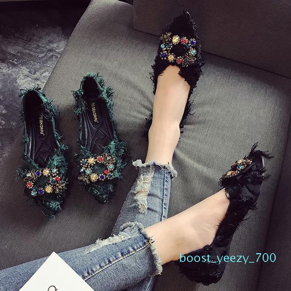

evening evening shoes female flat spring and autumn new style square buckle water drill pointed head versatile shallow mouth soft beans b70, Black