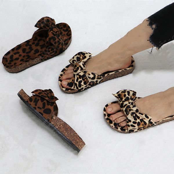 

wholesale women sandals slippers clogs leopard club bowknot non-slip wear-resisting outdoors holiday beachwear flat shoes sell 0079, Black