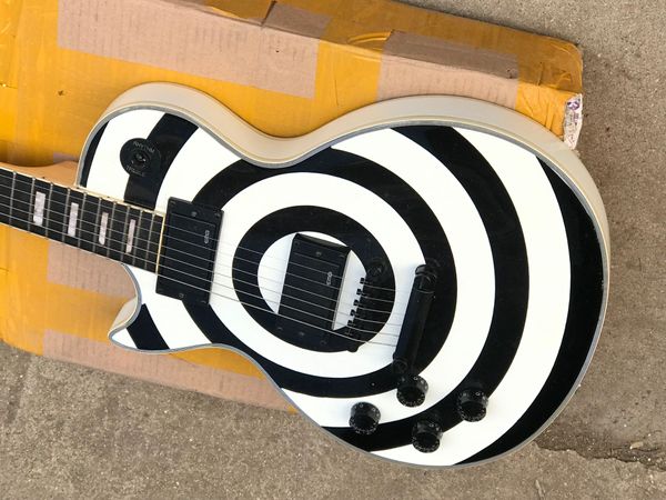 Özel Mağaza Sol Elli Zakk Wylde Bullseye Beyaz Siyah Ele Gitar Kopya EMG Pikaplar, Blakc Donanım, Black Grover Tuner