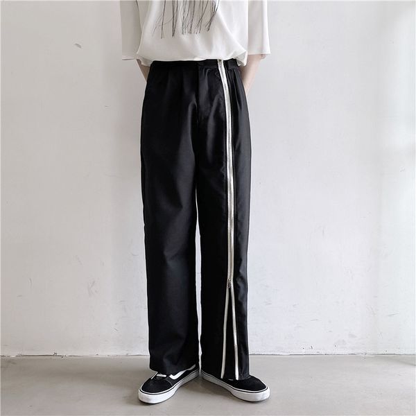 

male japan korea streetwear hip hop vintage fashion long trousers pant men zipper casual straight wide leg pants, Black