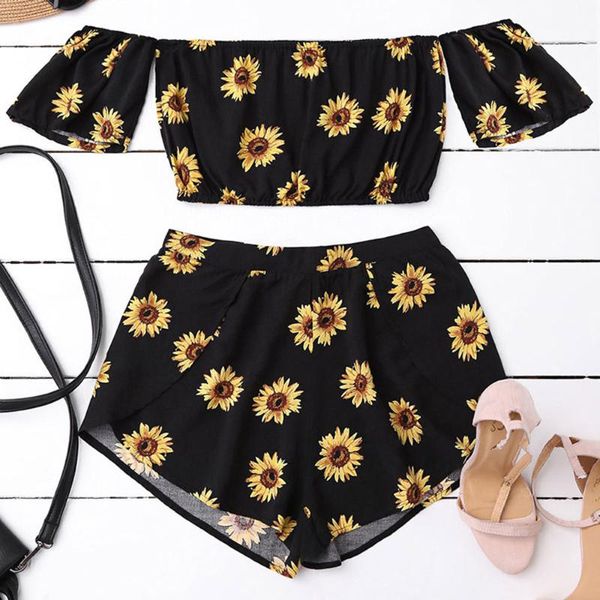 

suit ladies casual suit sunflower print word collar shorts two-piece ladies fashion retro 2020 new clothing #yl5, White