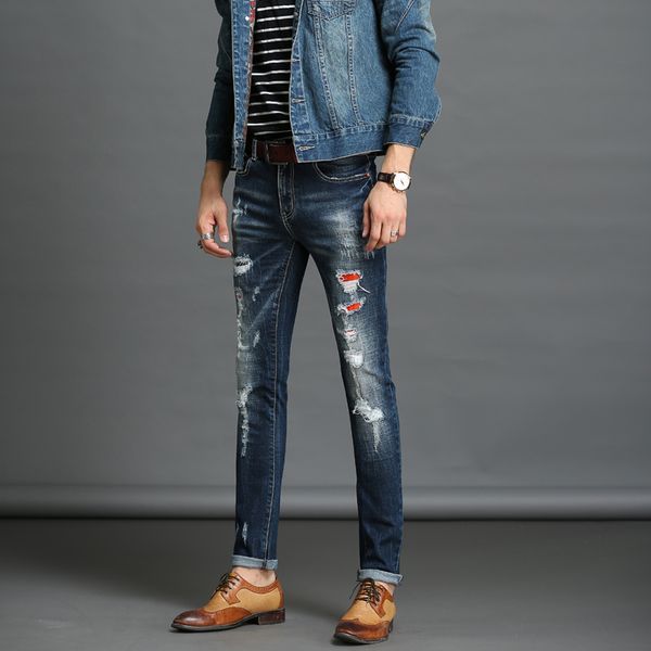 

men's jeans new brand design long pants slim straight casual solid denim jeans mid-waist pants male zipper distroy, Blue