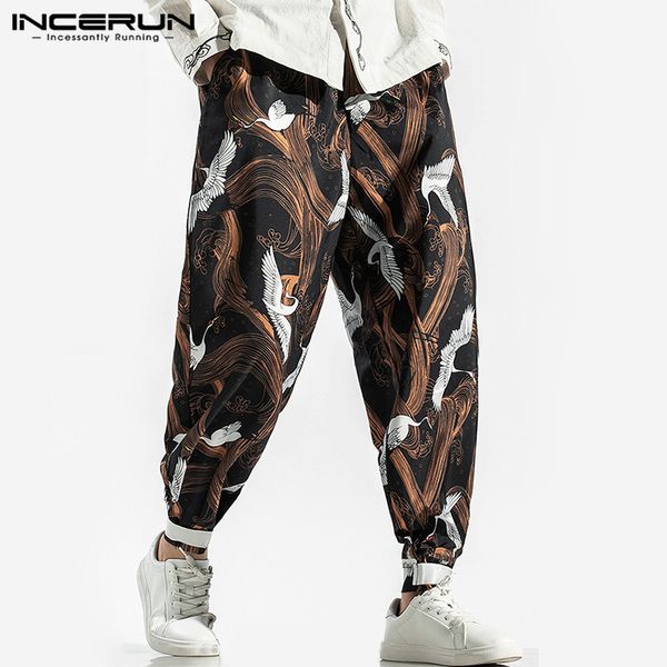 

incerun printed men harem pants elastic waist 2020 loose joggers streetwear chinese vintage casual pants trousers men s-3xl 2020, Black
