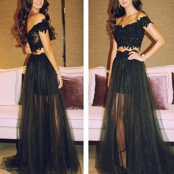 

2019 Cheap Two Pieces Prom Dresses Long 2018 New Black Lace Tulle Formal Evening Dresses With Sheer Skirt Prom Party Gowns