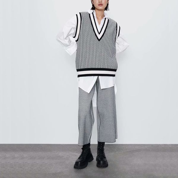 

autumn women's vest sweater casual plaid v-neck sweater vest, Black;white
