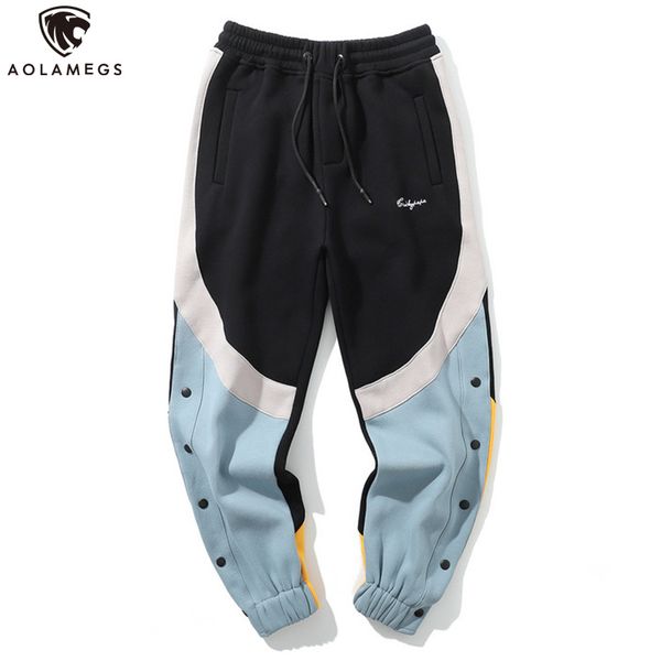 

aolamegs sweatpants patchwork men pants elastic waist drawstring side button casual pants soft comfortable hip hop streetwear, Black