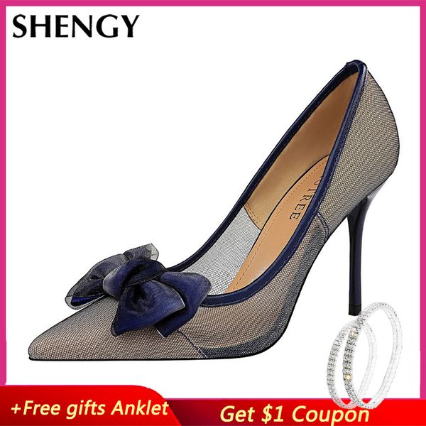 

shengy casual nightclub spring autumn butterfly-knot high heels women shallow fashion high heels 9.5cm pumps party shoes, Black
