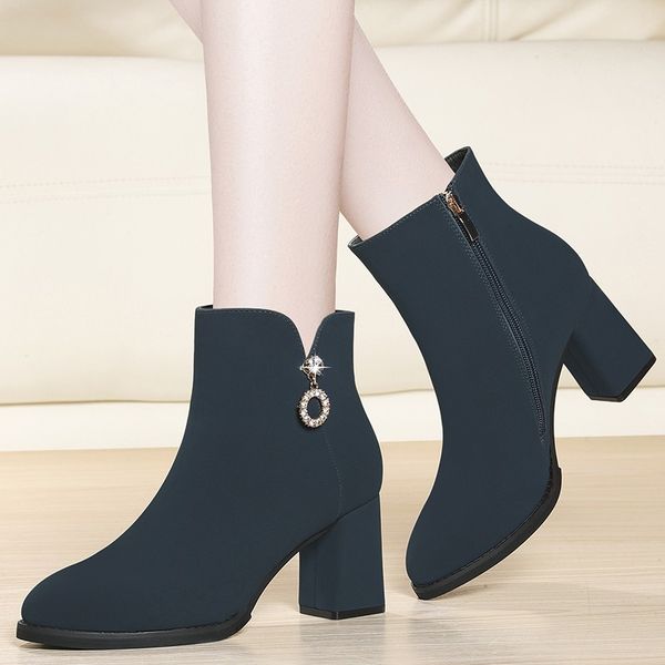 

fashion cow suede leather ankle boots women thick high heel zipper boots round toe autumn winter woman shoes plus size bft-a0204, Black
