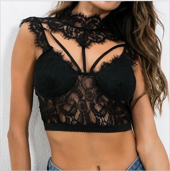 

lace bralette camisoles tank women deep v transparent underwear lingerie brassiere hang neck backless vest top, Black;white
