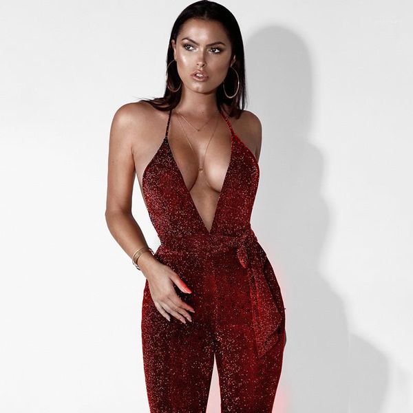 

clothing gold wire womens designer jumpsuits halter v neck robbon backless skinny rompers combinaison women, Black;white