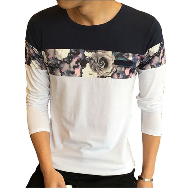 

new design fashion t shirt 2016 autumn o neck casual t-shirt men long sleeve flower patchwork slim fit mens clothes tees, White;black