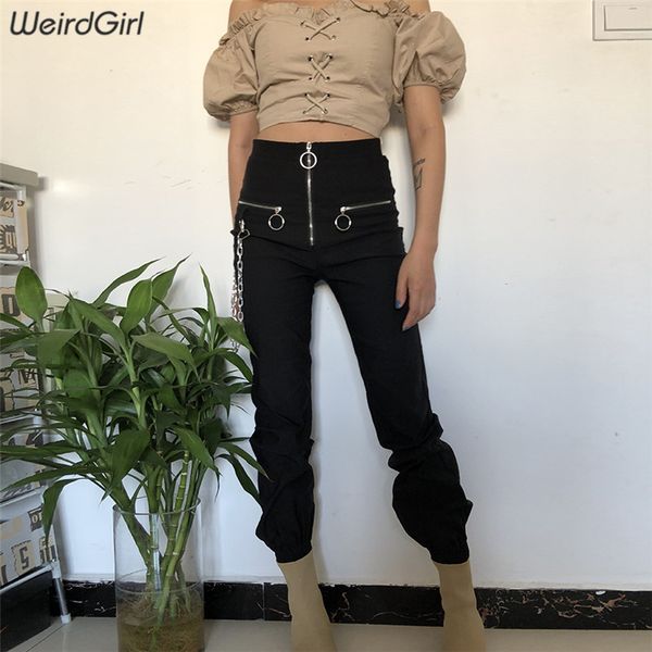 

weirdgirl women streetwear pants high waist skinny cargo pants zipper casual black female trousers korean style ladies, Black;white