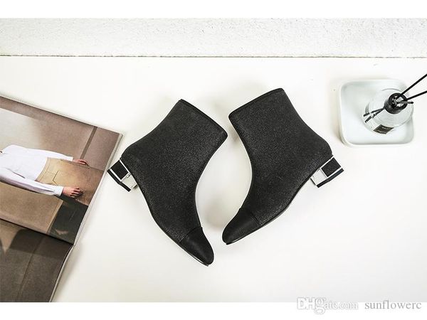 

europe and the united states new starry sequins famous design flash round head letter stitching metal thick with ankle boots martin boots, Black