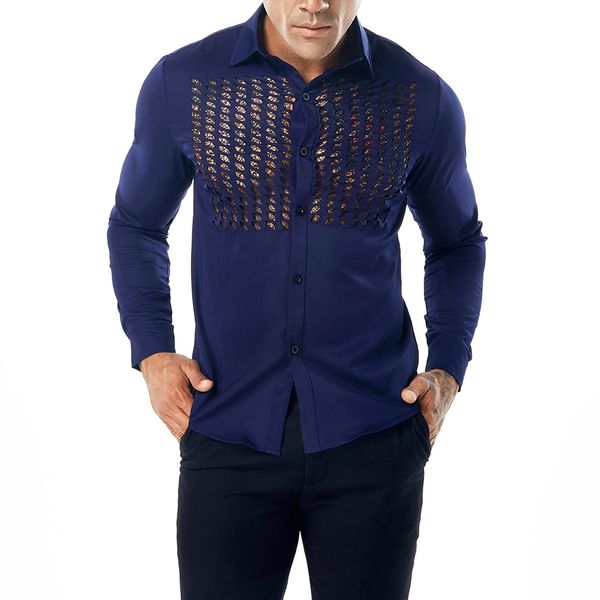 

2019 fashion men's autumn casual shirts long sleeve hawaiian shirt hollow shirt blouse camisa masculina camicia uomo, White;black