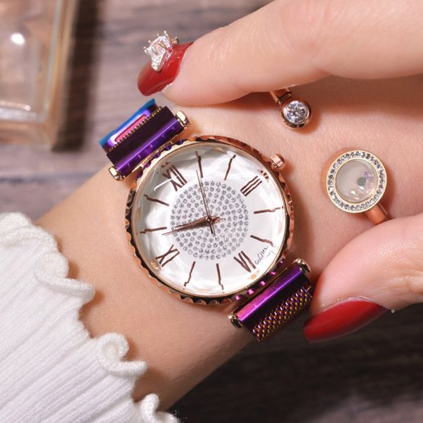 

2019 luxury watches for women bracelet magnetic steel mesh bright rhinestone wrist watch new ladies diamond quartz clock relogio, Slivery;brown