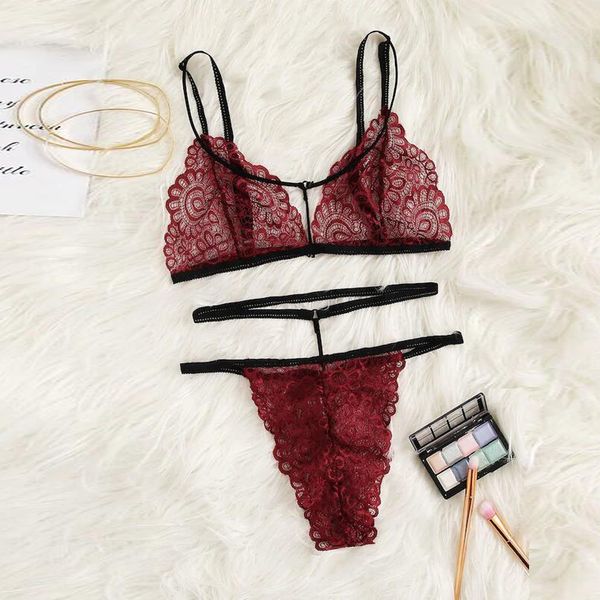 

woman set erotic lace transparent set exquisite lace red lingerie bra+g-string babydoll cut-out sleepwear e55, Red;black