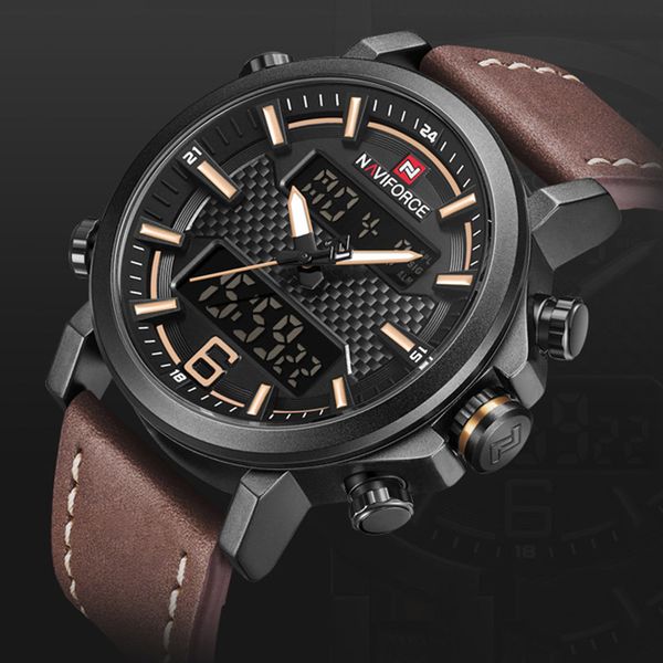 

naviforce watches mens watches brand luxury leather naviforce watch men digital clock waterproof man watch luxury, Slivery;brown