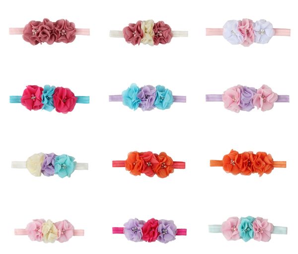 

gril baby 3 flowers hair bands pearl crystal chiffon flower combination set elastic headbands headwear head band hair accessories dhl fj447, Slivery;white