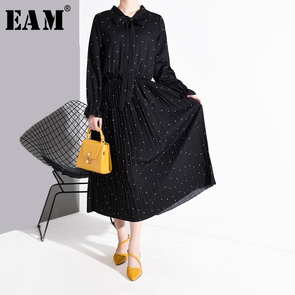 

[eam] women black dot printed pleated temperament dress new bow collar long sleeve loose fit fashion spring autumn 2020 ja23601, Black;gray