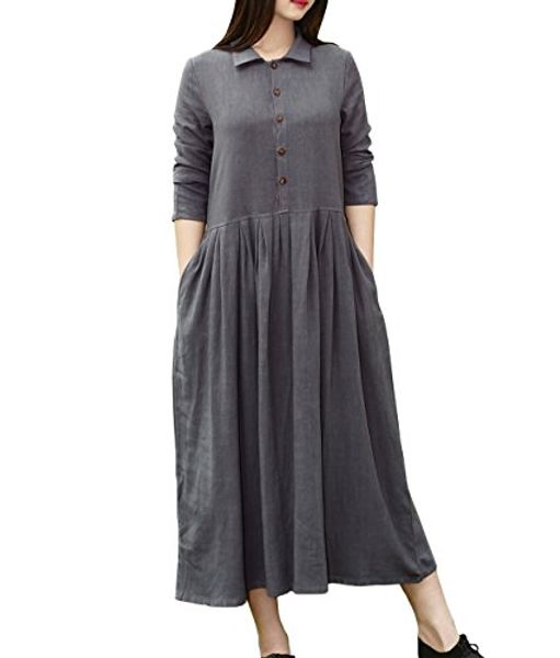 

yuheyuhe women's casual loose spring fall clothing long sleeves midi cotton linen shirt dresses, Black;gray