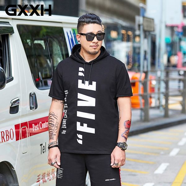 

7xl gxxh men's big size t-shirt loose fit letter printed summer hoodies tee men short sleeved hooded mens brand t-shirt clothing, White;black