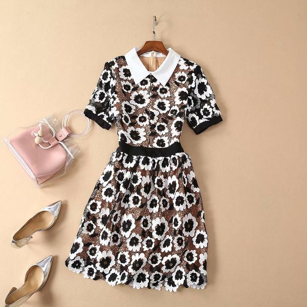 

european and american women's clothing 2019 summer new style fashion flower embroidery short sleeve lapel slim dress, Black;gray