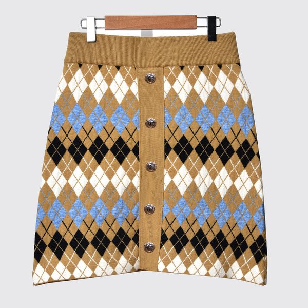 

2020 spring khaki geometric lozenge print woolen elegant panelled buttons above knee short mini skirt women fashion skirts d2616162, Black