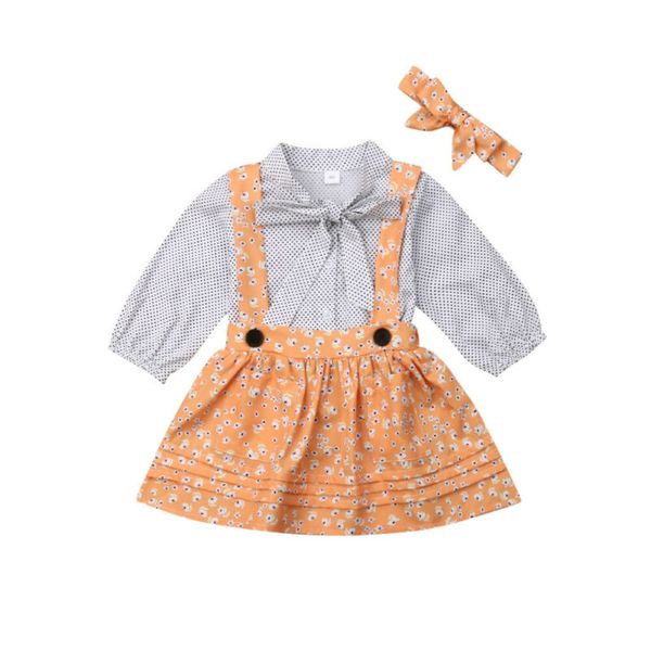 

toddler baby girl yellow suspender skirt clothes dots long sleeve +flower strap skirt outfits set, White