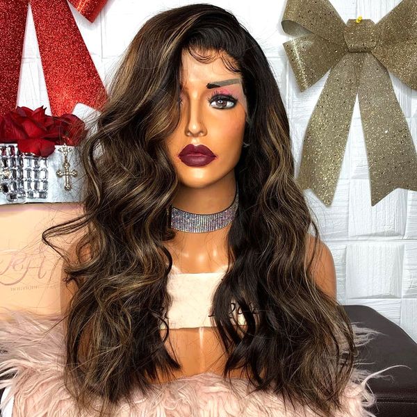 

brazilian virgin human hair lace front human hair wigs pre plucked with baby hair loose wave highlights wig ombre honey blonde full lace wig, Black