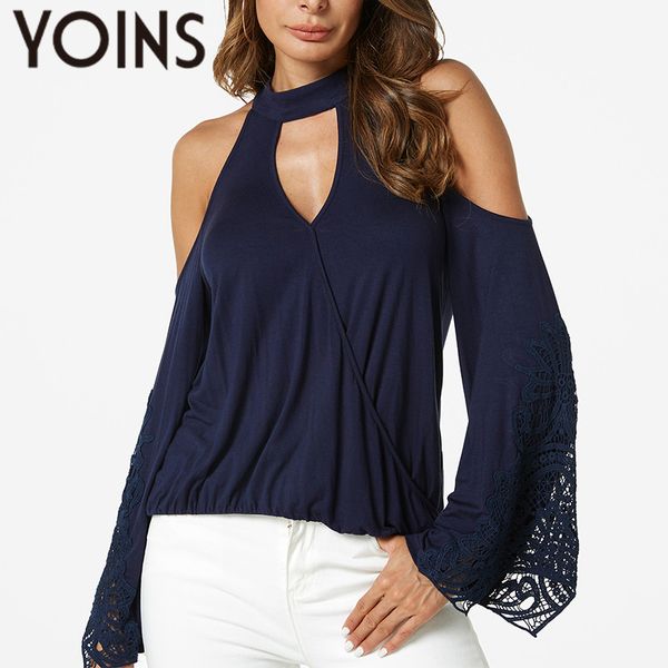 

yoins lace cold shoulder blouses women 2019 summer casual hollow long flare sleeve halter collar patchwork shirt blusa, White