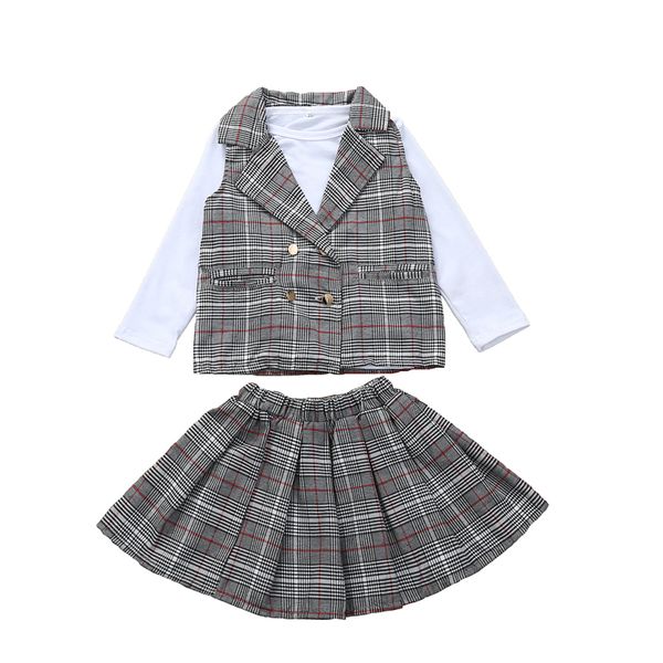 

Pudcoco 2-6 Years 3PCS Infant Girls Fashion Clothes Set Kids Suit Plaid Vest + Skirt + Tops Three-piece Formal Clothes 3PCS