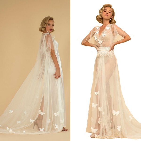 

2020 wedding robes v-neck 1/2 sleeves appliqued lace feather sash bathrobe formal sleepwear sweep train custom made night gowns for women, White;pink
