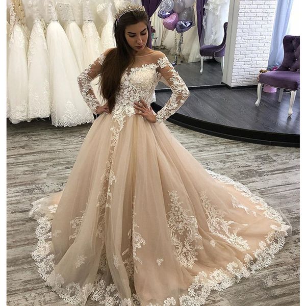 

уникальный шампань длинные рукава кружева свадебные платья поезд стреловидности линия новейший arabic платье невесты платье de casamento деш, White