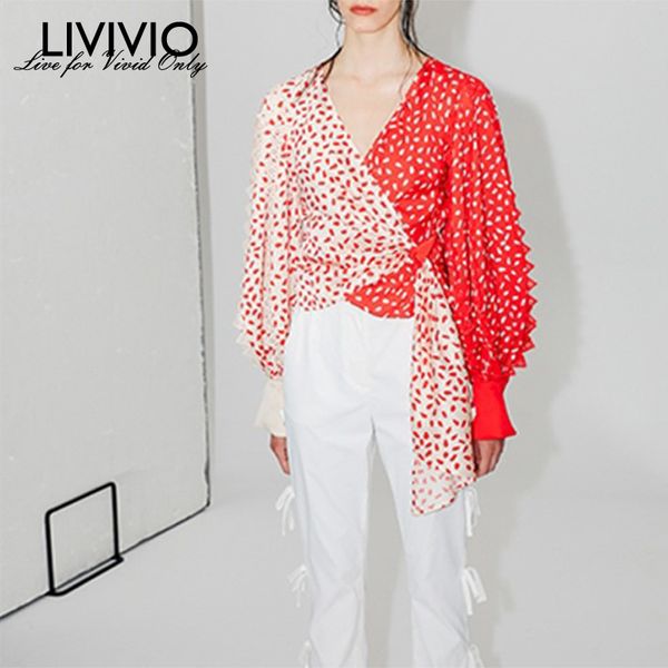 

livivo] new fashion tumblr lantern sleeves loose irregular v-neck lace wave dot cross color printing french shirt ladies, White