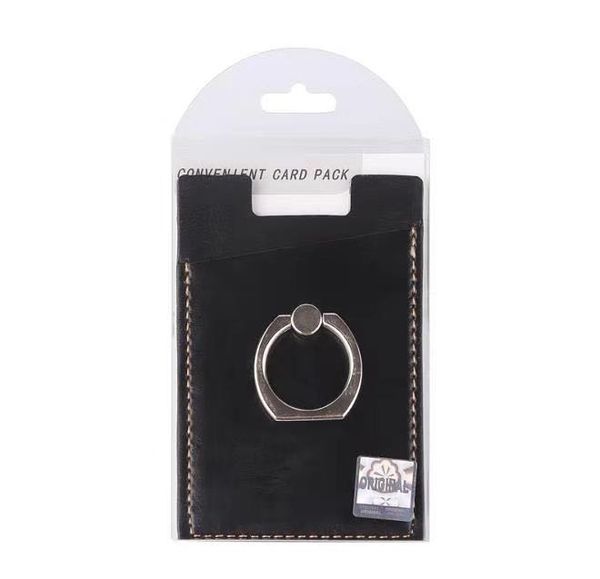 

PU Leather Cell Phone Wallet Pocket Pouch Card Holder With 360 Ring Stand for Mobile Devices Adhesive Sticker Back With Retail Packaging