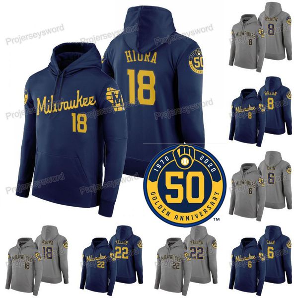 

milwaukee keston hiura 50th anniversary hoodie lorenzo cain ryan braun orlando arcia ben gamel travis shaw christian yelich baseball hoodies, Blue;black