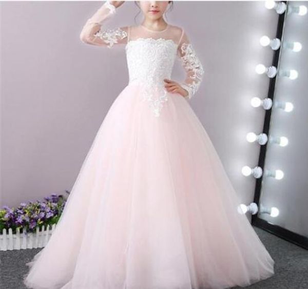 

ball gown flower girls dresses long sleeves sweep train illusion bodice applique birthday party girls pageant gowns with bow customized, White;blue