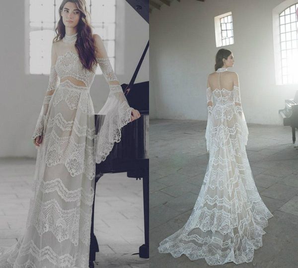 

new a line bohemian wedding dresses tulle applique high neck sweep train unique sleeve beach bridal dress elegant boho wedding gowns 4288, White