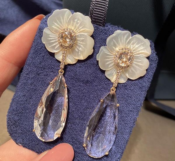 

women vacation shell flowers transparent big water drop earrings 925 silver needle lady chic petal accessories