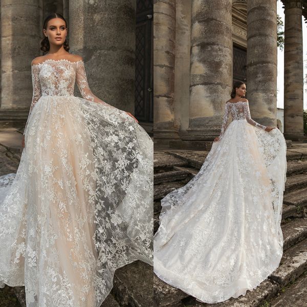 

2020 новый длинные рукава свадебные платья sheer бато шеи шнурка appliqued свадебные платья линия платье венчания пляжа, White