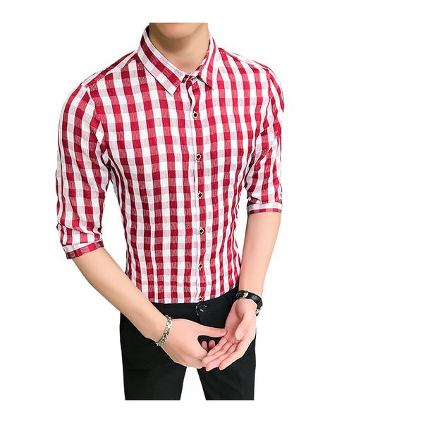 

plus size 5xl 4xl men's plaid checked button-down shirt single patch casual slim-fit 3/4 sleeve casual shirts big men xxxxxl, White;black