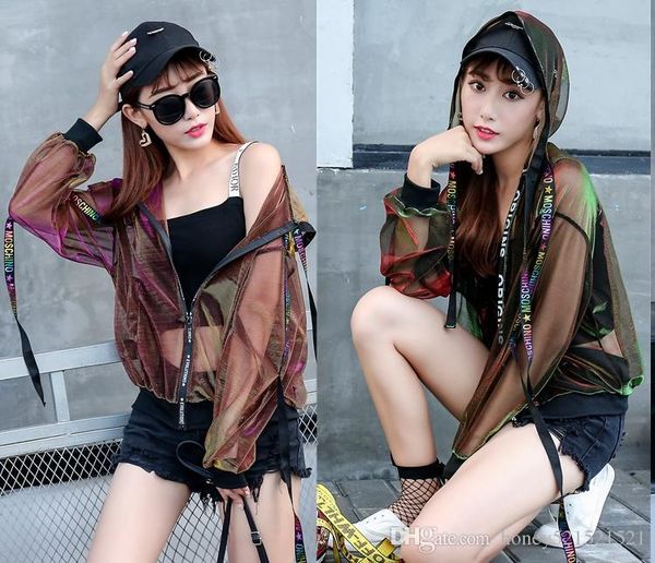

new design women's summer loose palazzo long sleeve hooded perspective gauze lurex shinny letter print coat sunscreen short jacket casacos