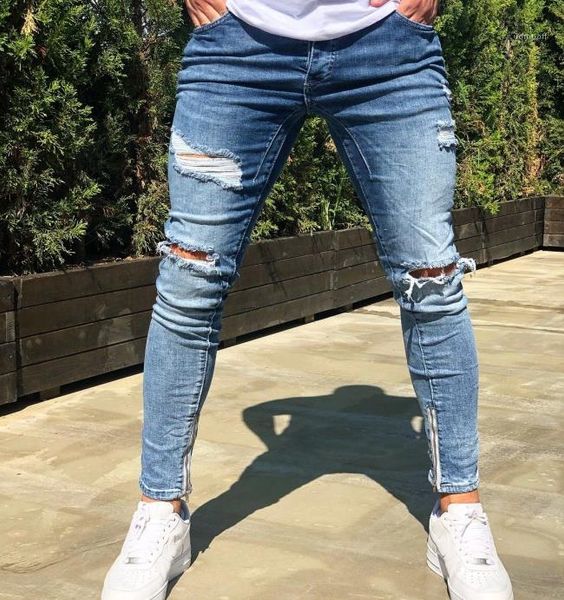 

casual faishion new skinny mens pencil pants hole elasticity slim mens jeans zipper decoration male capris, Blue
