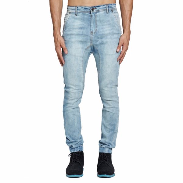 

mens crotch skinny jeans fashion ligh blue denim pants slim stretch denim high street harem jeans