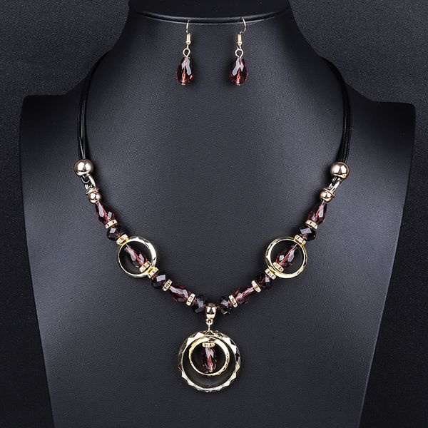 

fashion acrylic crystal leather rope jewelry set for women geometric round circle pendant earring necklaces anniversary gift, Silver