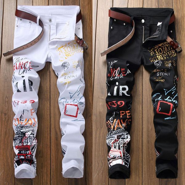 

fashion streetwear men jeans slim fit elastic stretch hip hop pants printed designer jeans men night club pun style pencil pants, Blue