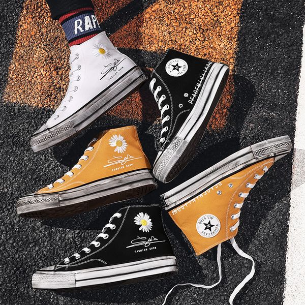 

literary small daisy canvas shoes high 2020 spring new board shoes men three times vulcanized small white shoes, Black